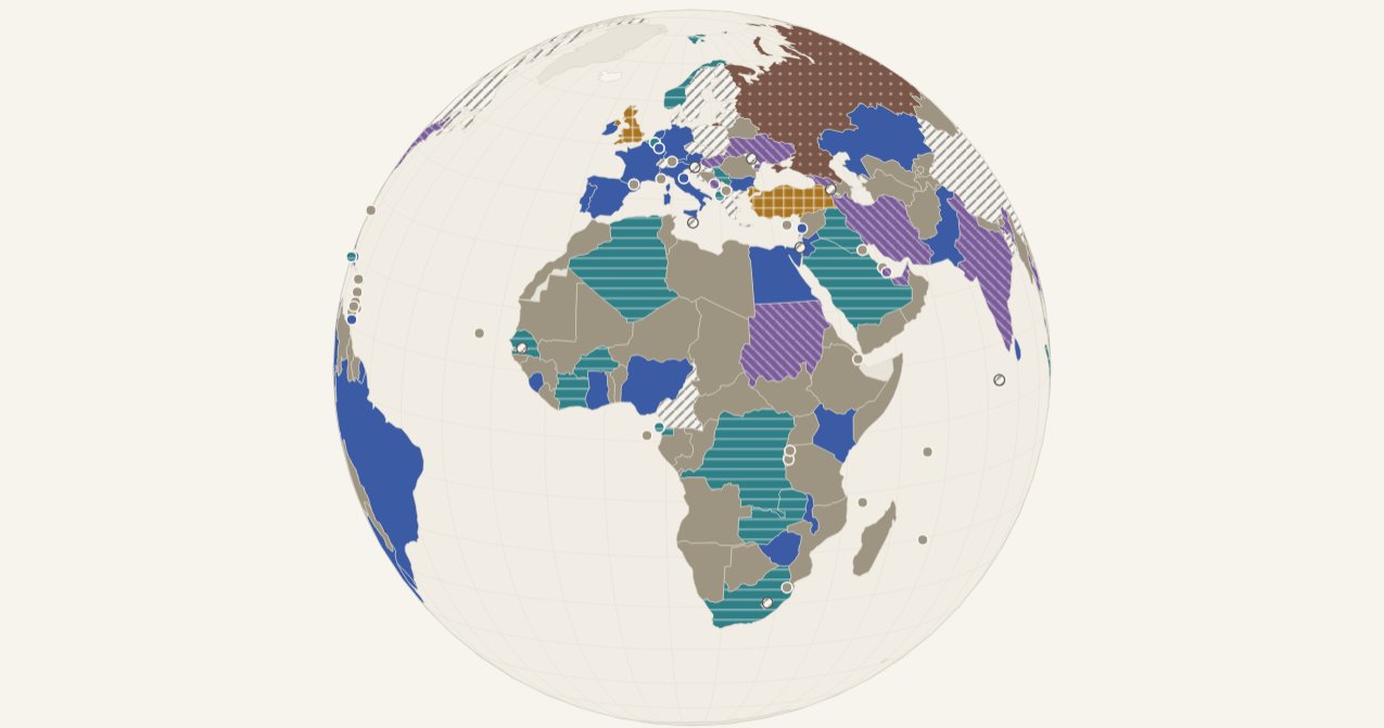 Machine Politics globe, with each country colored and textured by its stated position on autonomous weapons